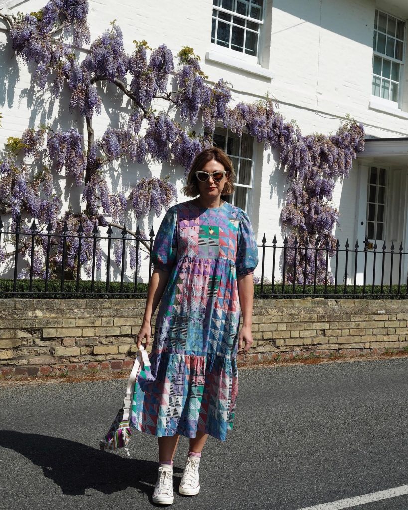  Patchwork Print Midi Dress + High Top Sneakers + Cat-Eye Sunglasses