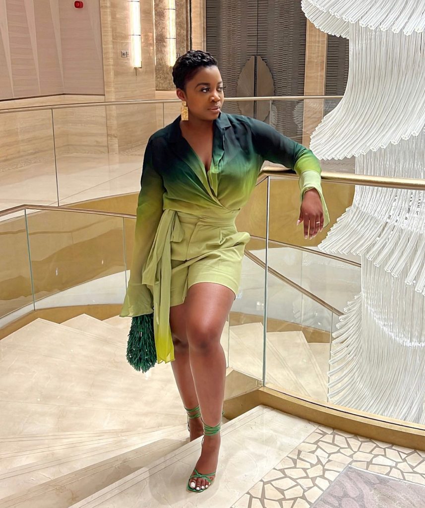 Green Ombre Wrap Dress + Green Strappy Heeled Sandals + Gold Textured Earrings