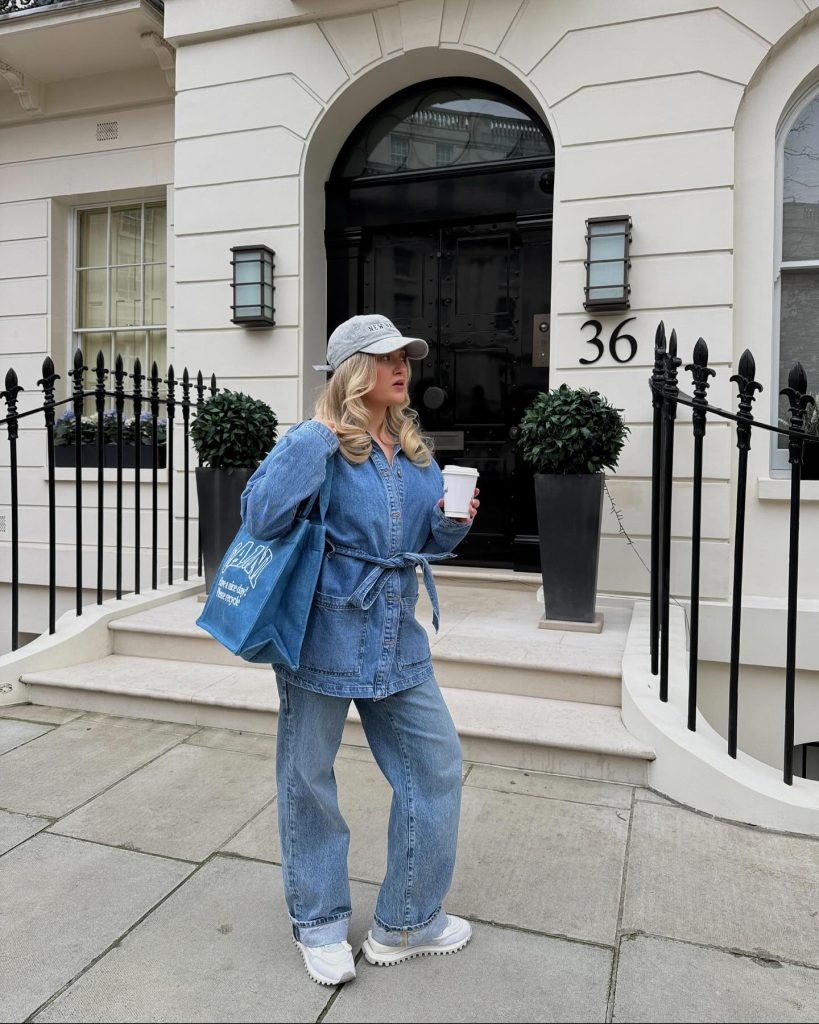 Denim Belted Jacket + Matching Wide-Leg Jeans + White Chunky Sneakers