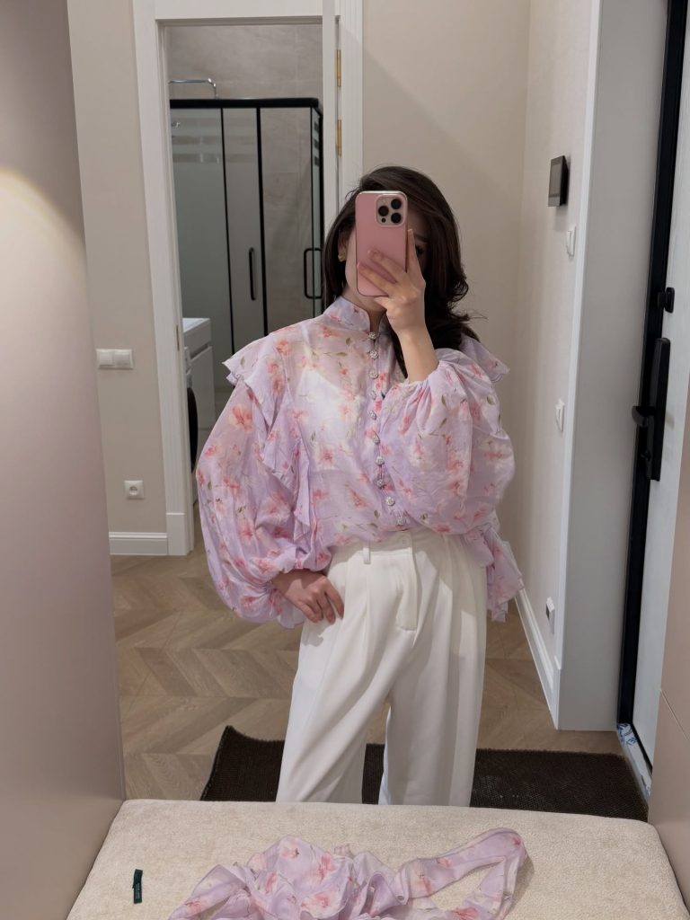 Lavender Floral Organza Blouse + White Wide-Leg Pants