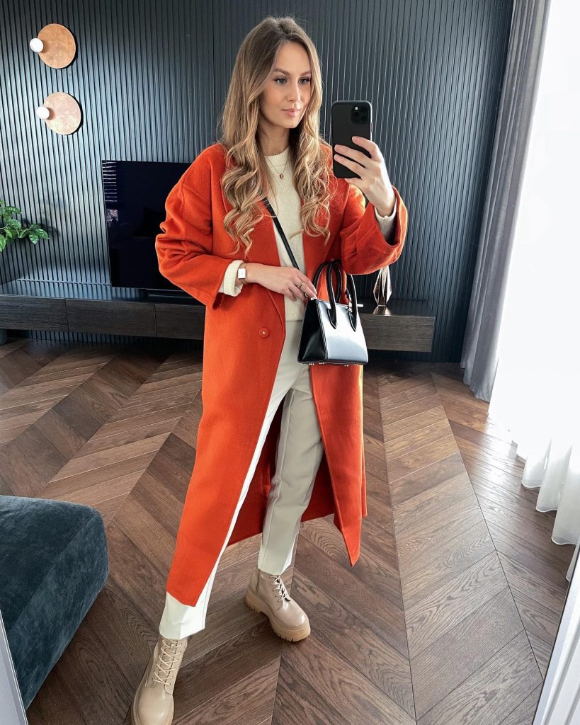 Vibrant Orange Long Coat + Cream Knit Set + Beige Platform Boots