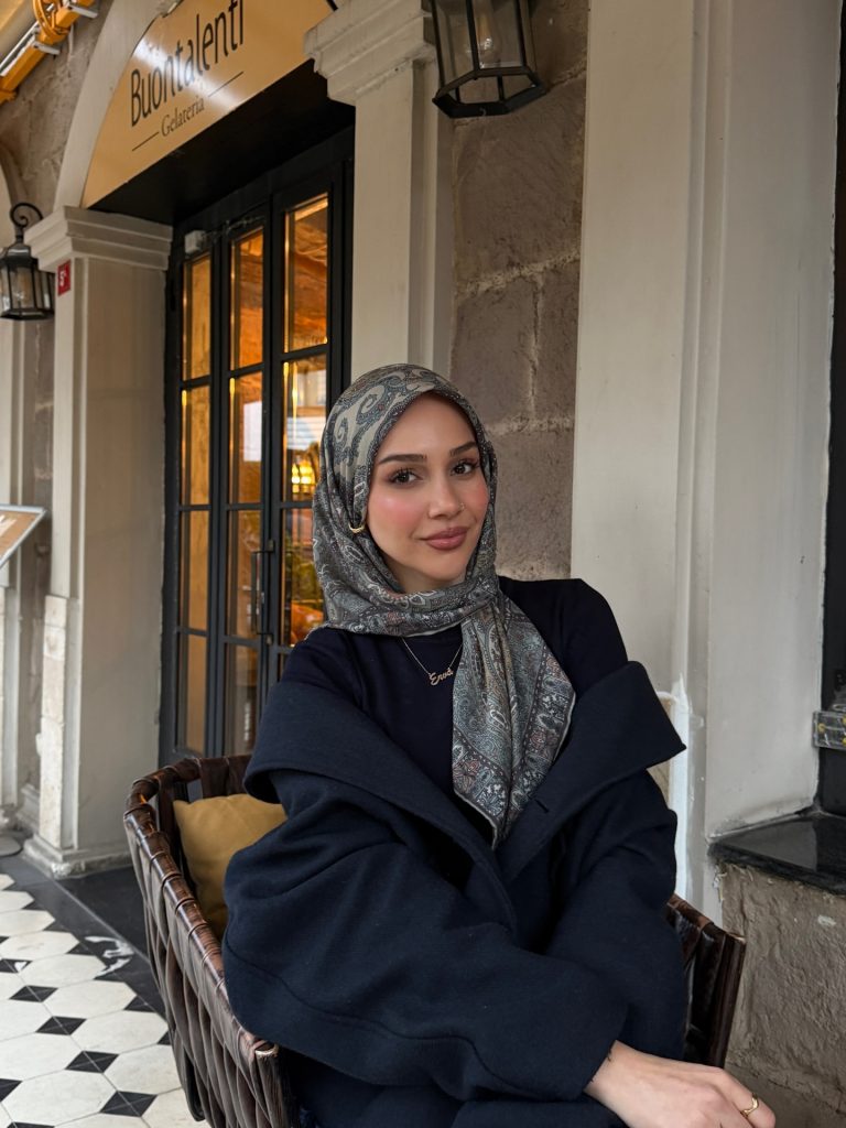 Black Wool Coat + Printed Silk Hijab + Gold Pendant Necklace