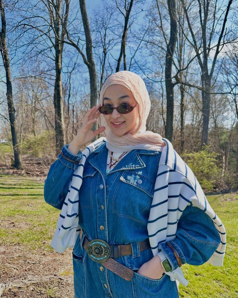 Blue Denim Dress + Striped Knit Sweater