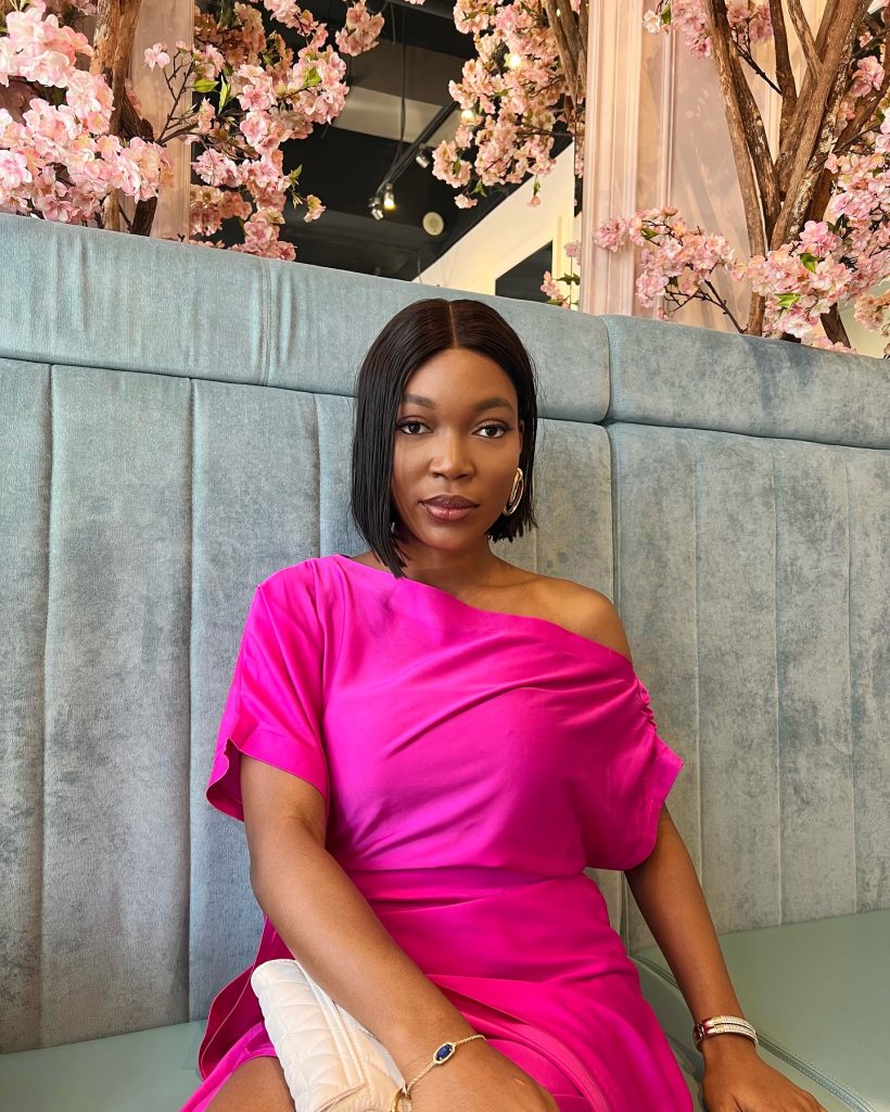 Hot Pink One-Shoulder Silk Dress + White Quilted Clutch + Gold Hoop Earrings