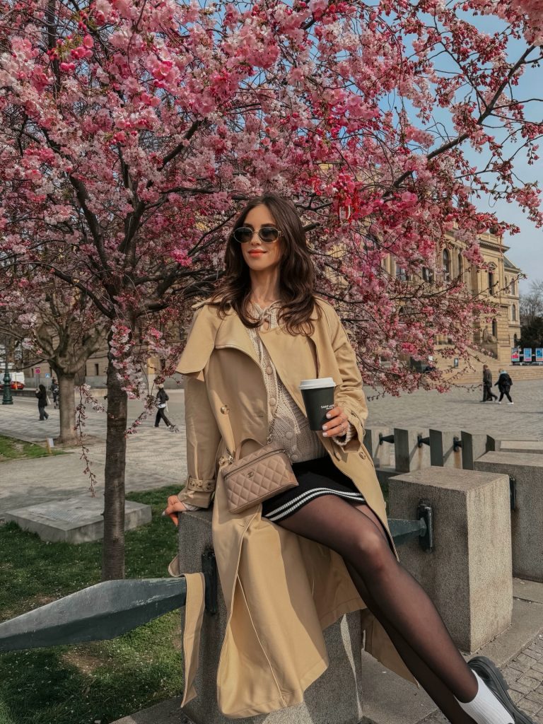 Tan Trench Coat + Beige Cardigan + Black Mini Skirt