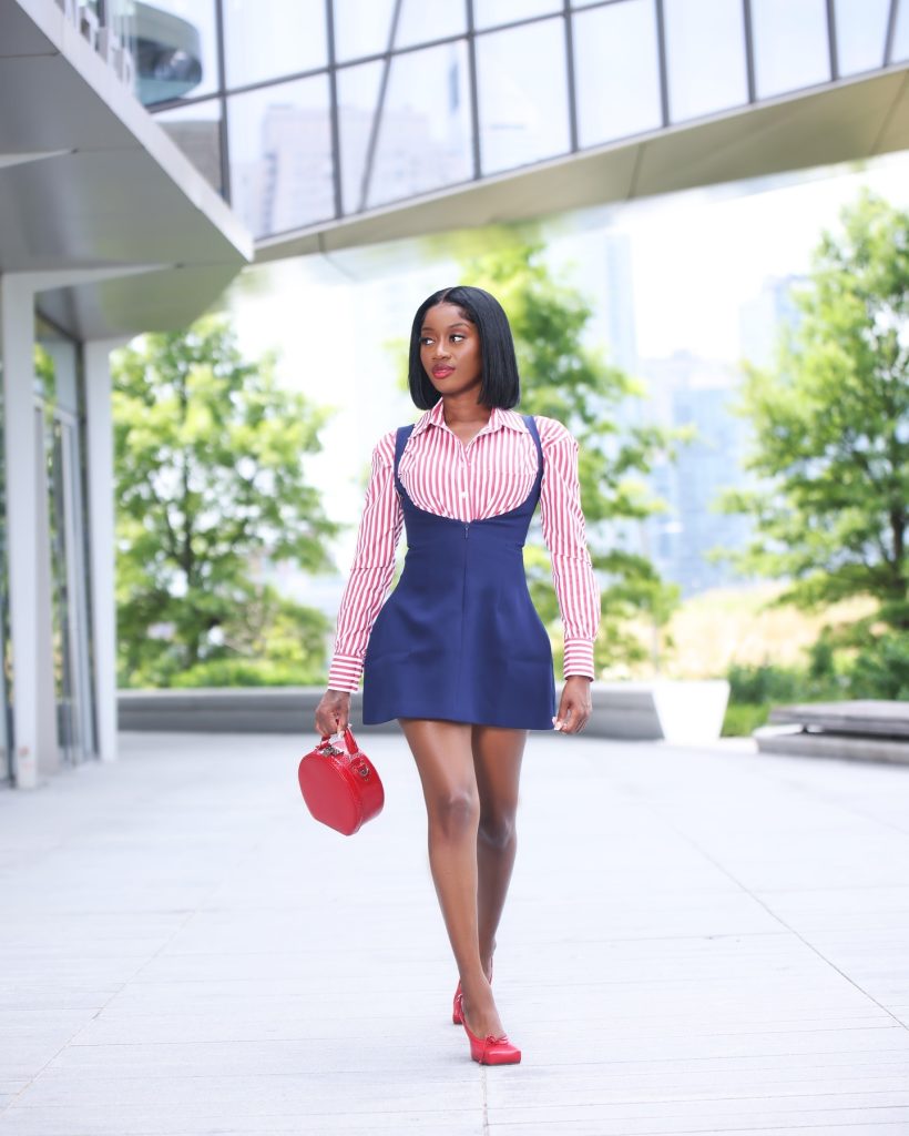 Navy Pinafore Mini Dress + Striped Button-Down + Red Circle Bag