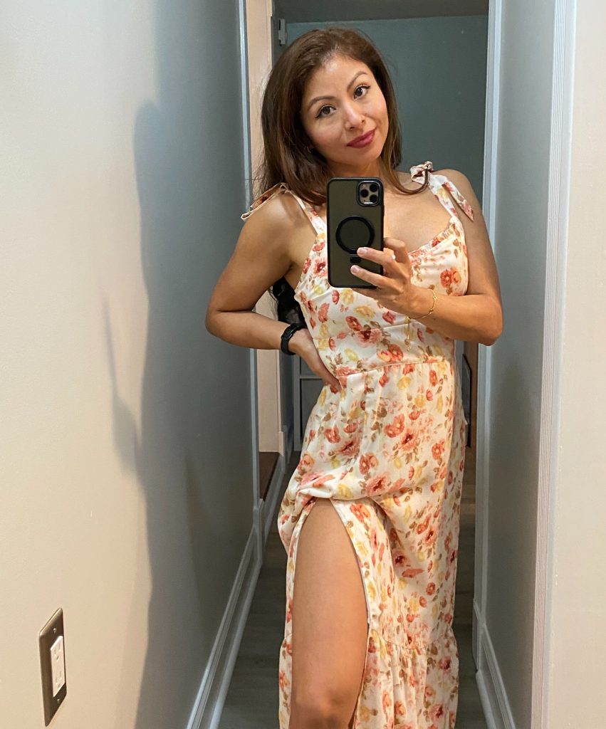 Cream Floral Midi Dress + Tie-Shoulder Straps + High Slit