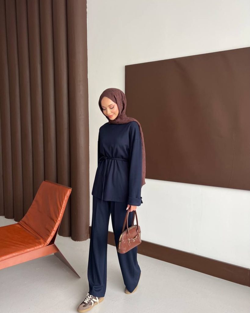 Navy Co-ord Set + Chocolate Brown Hijab + Brown Leather Handbag