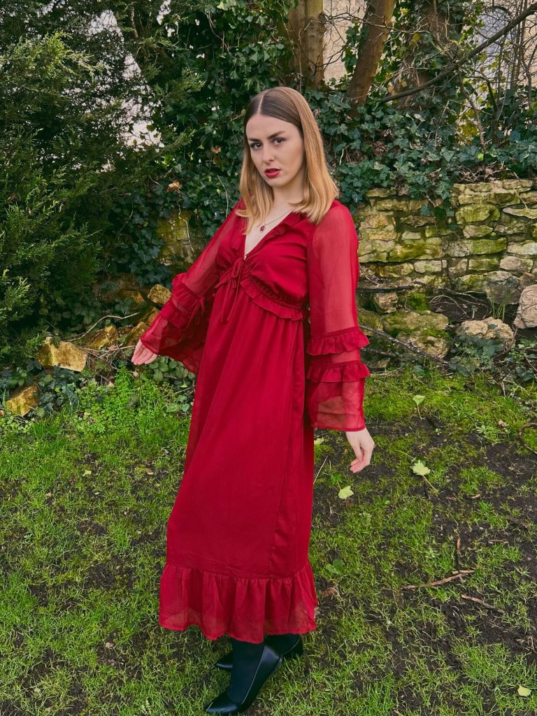 Red Ruffle Maxi Dress + Sheer Bishop Sleeves + Pointed Toe Boots