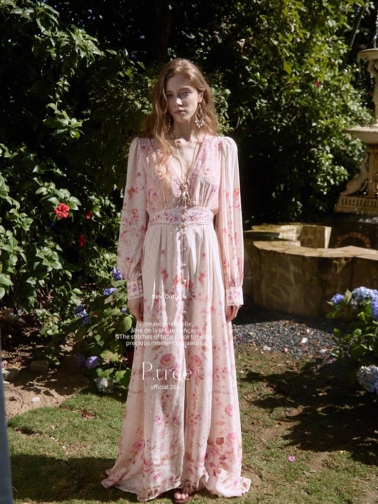 Blush Floral Maxi Dress + Statement Earrings + Long Pendant Necklace