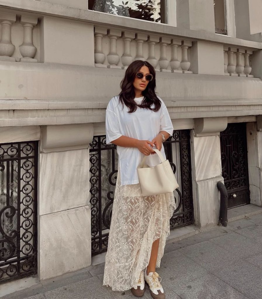 White Oversized T-Shirt + Lace Maxi Skirt + Retro Sneakers