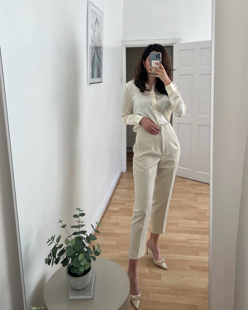 Cream Satin Blouse + High-Waisted Cream Trousers + Chain-Detail Pumps