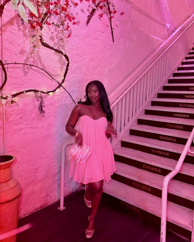 Pink Strapless Dress + Clear Mini Bag + Strappy Sandals