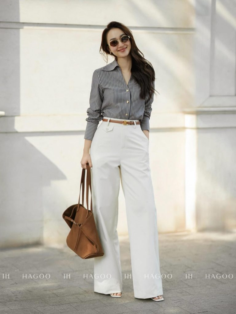 Grey Striped Shirt + White Wide-Leg Pants + Tan Belt