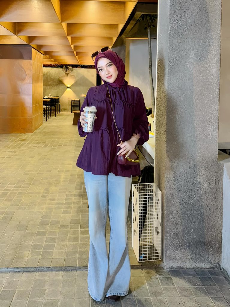 Purple Ruffled Blouse + Light Blue Flare Jeans + Mini Crossbody Bag