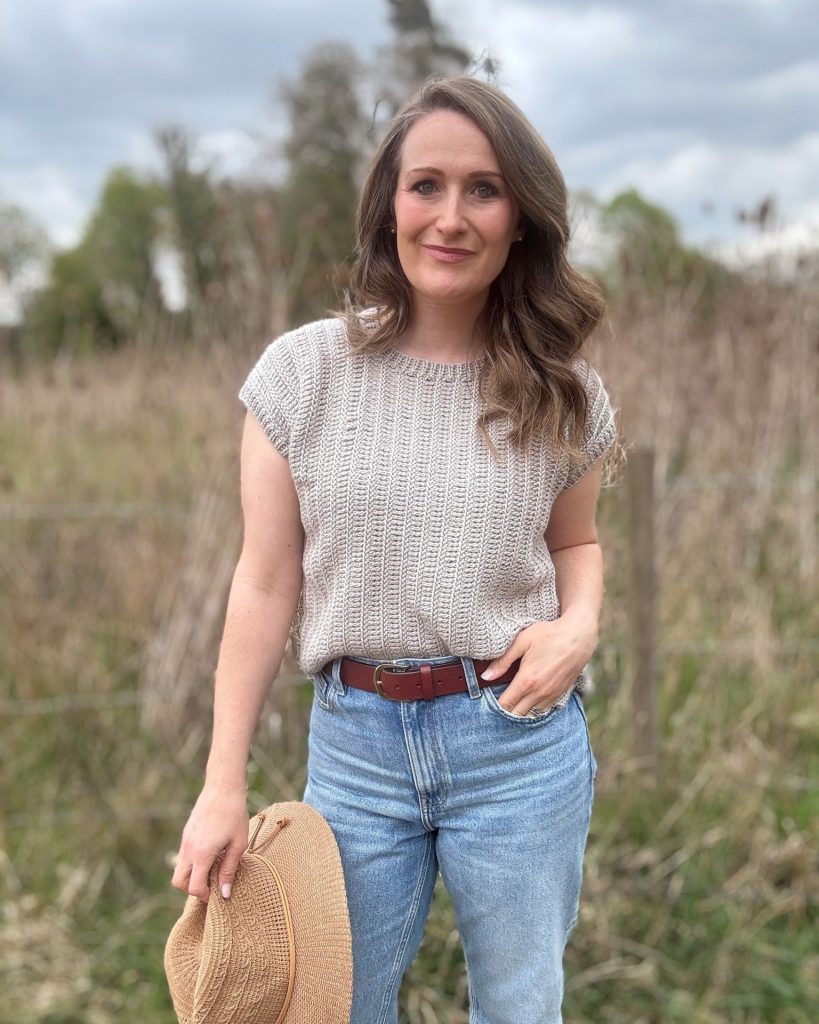 Grey Textured Top + Blue Denim Jeans + Brown Leather Belt