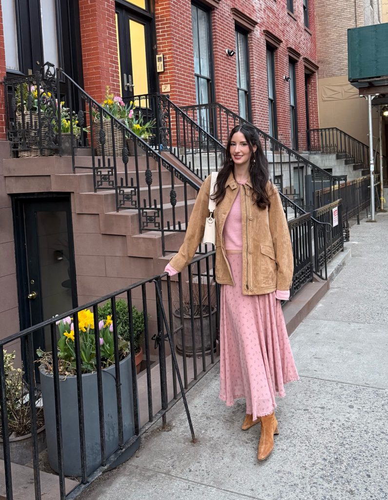 Tan Suede Jacket + Pink Knit Top + Floral Maxi Skirt