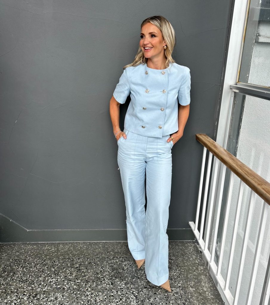 Light Blue Double-Breasted Top + Gold Hoop Earrings + Light Blue Tailored Pants