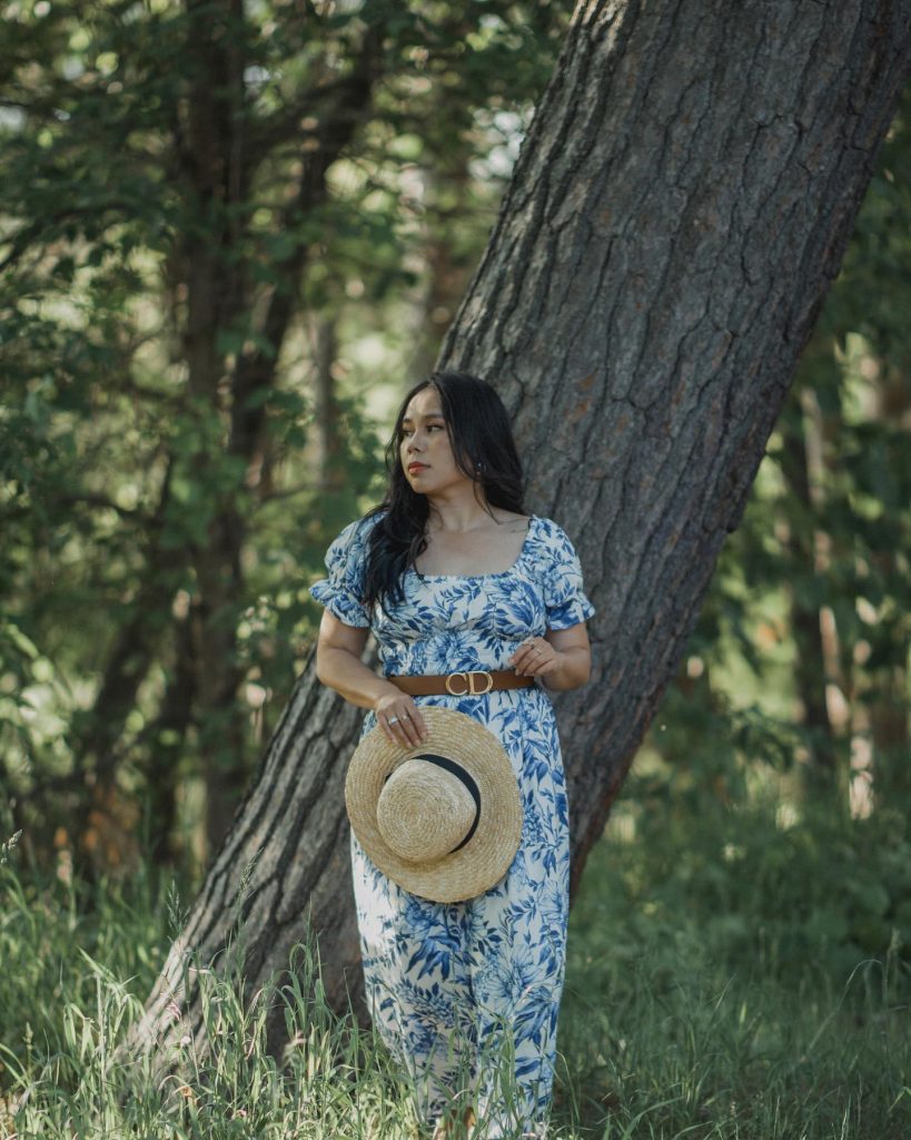 Blue Toile de Jouy Dress + Brown Leather Belt + Straw Hat