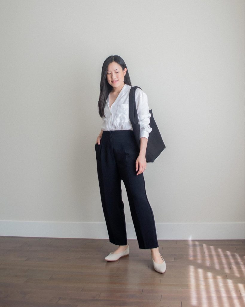 White Button-Down + High-Waisted Trousers + Pointed Flats