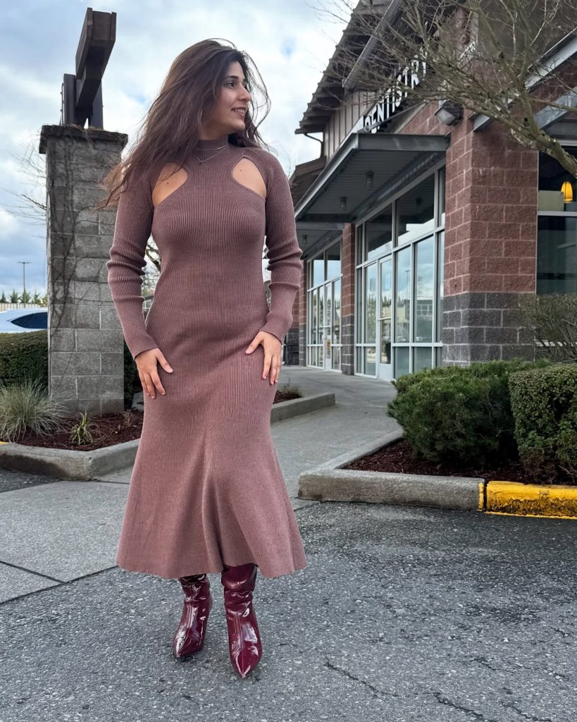  Mauve Knit Dress + Cut-out Detail + Burgundy Patent Boots