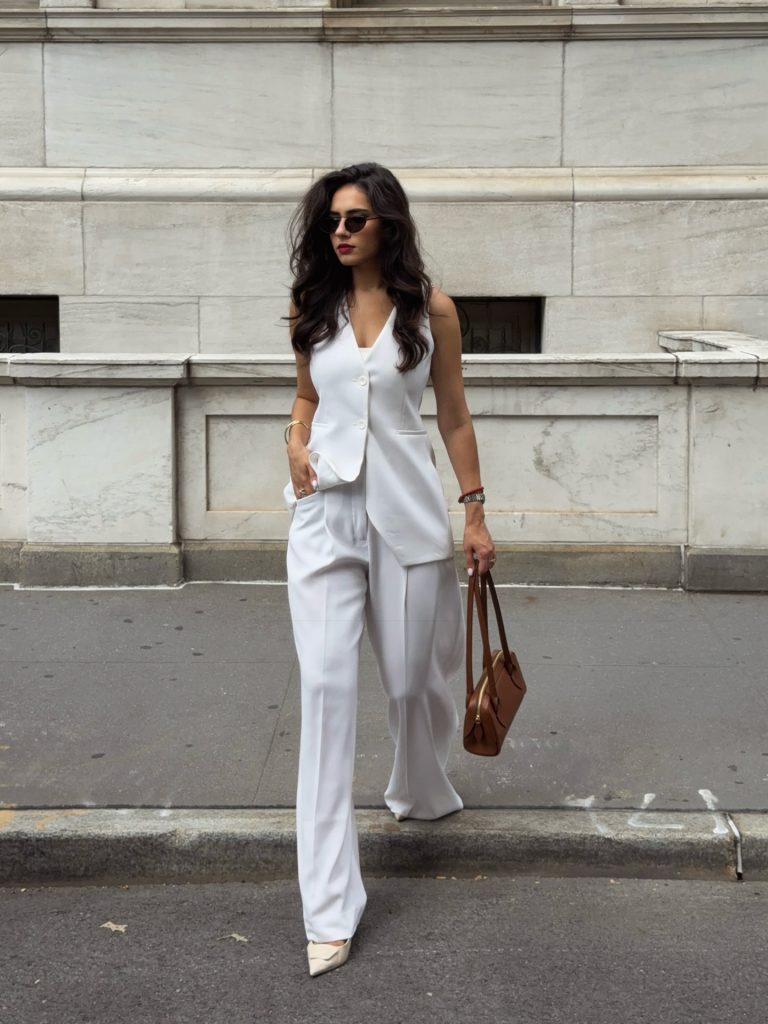 White Tailored Vest + Matching Wide-Leg Trousers + Brown Leather Bag