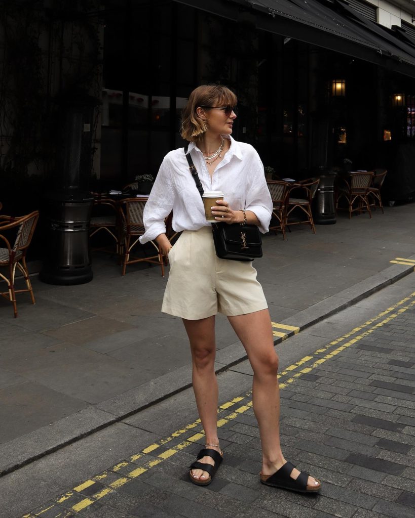 White Linen Shirt + Beige Pleated Shorts