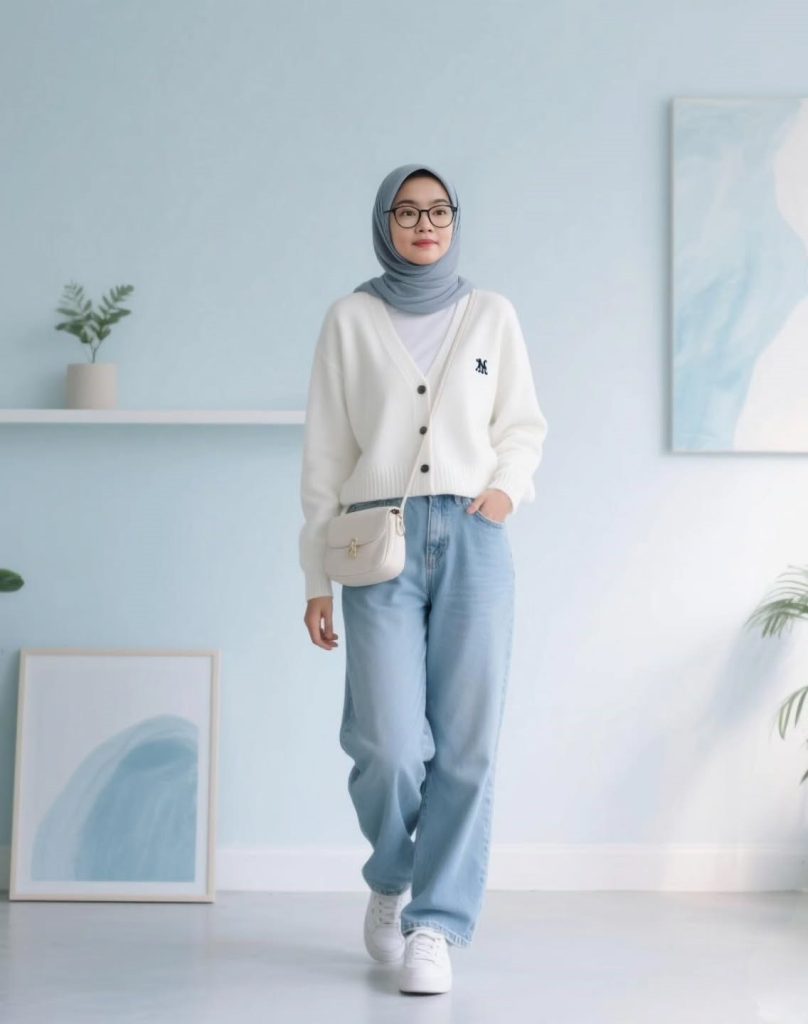 White Buttoned Cardigan + Dusty Blue Hijab + Light Wash Denim Jeans