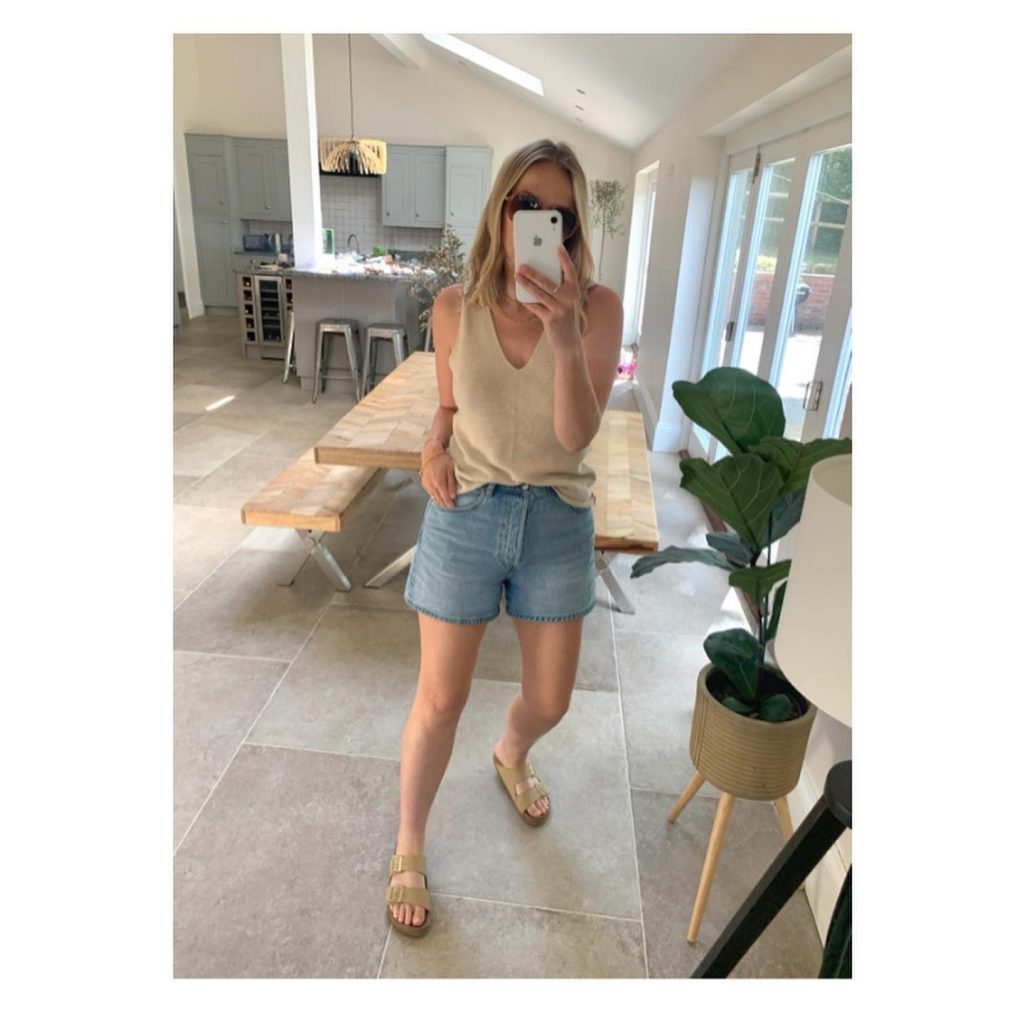 Beige V-neck Tank + Light Wash Denim Shorts
