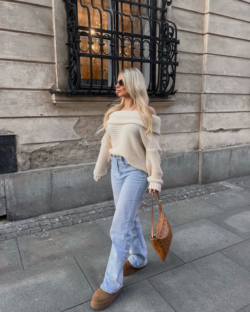 Cream Off-The-Shoulder Knit + Light Wash Flare Jeans