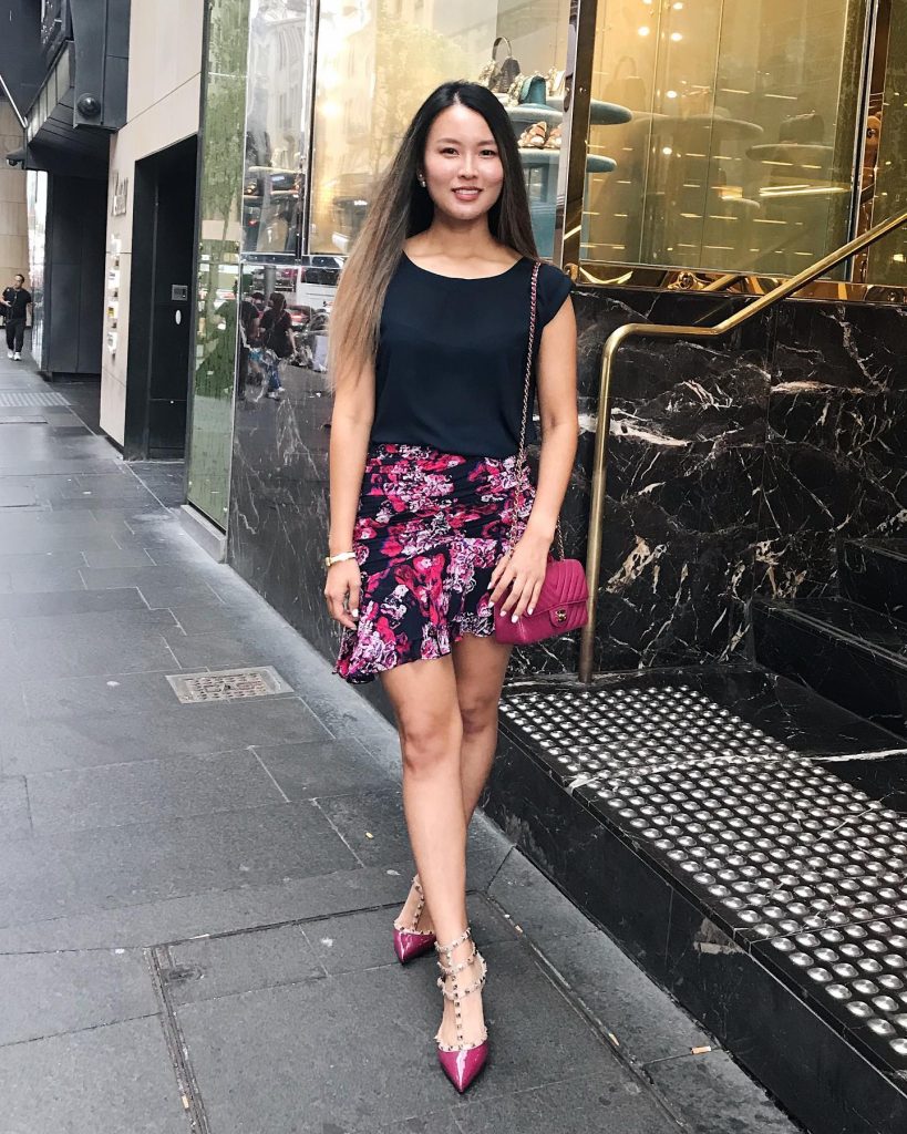 Black Cap-Sleeve Top + Magenta Floral Mini Skirt + Studded Heels