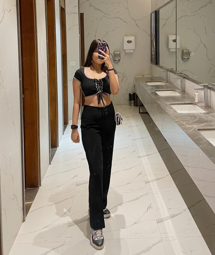Black Lace-up Crop Top + Black High-Waisted Trousers + Zebra Print Bag