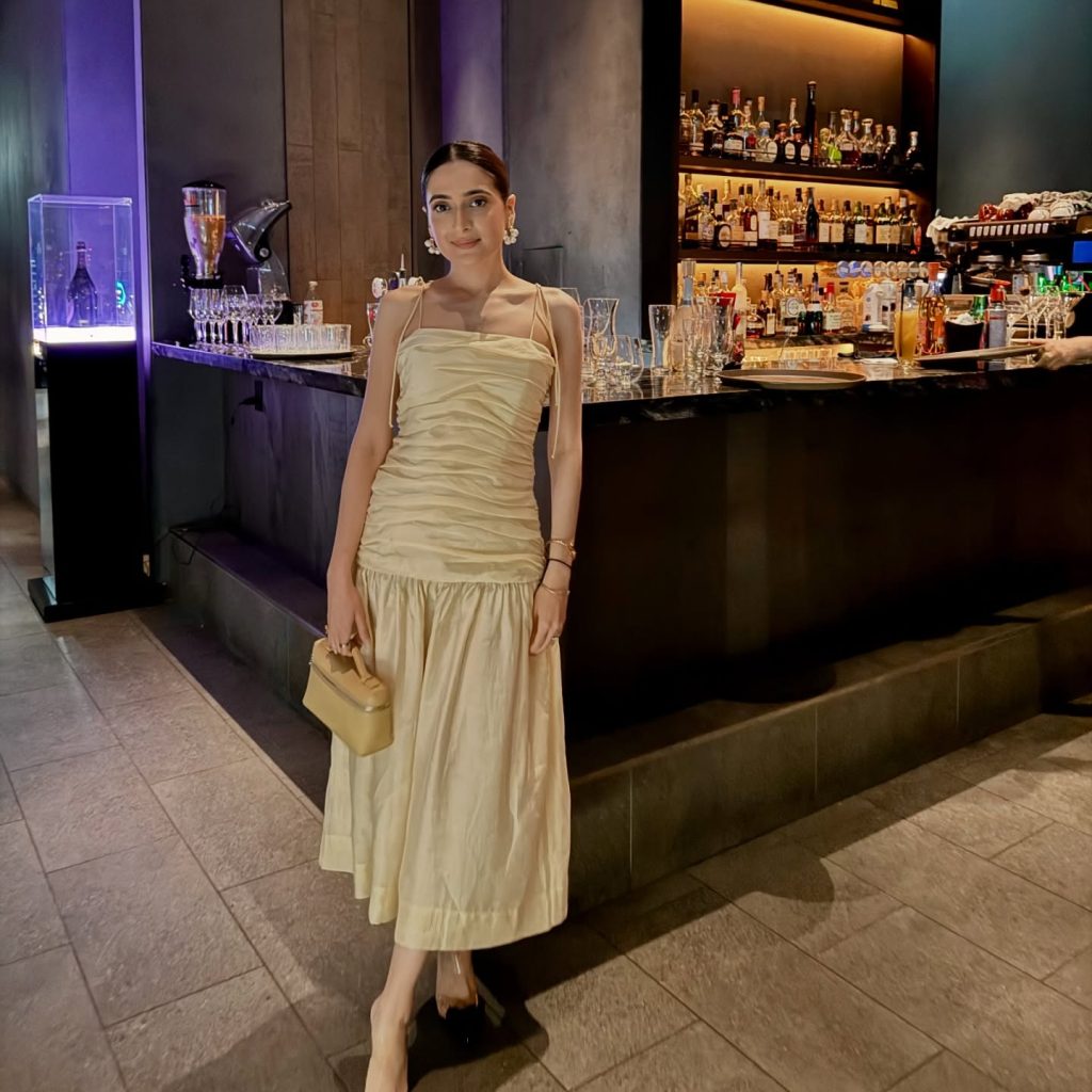 Butter Yellow Ruched Dress + Pearl Earrings + Box Bag