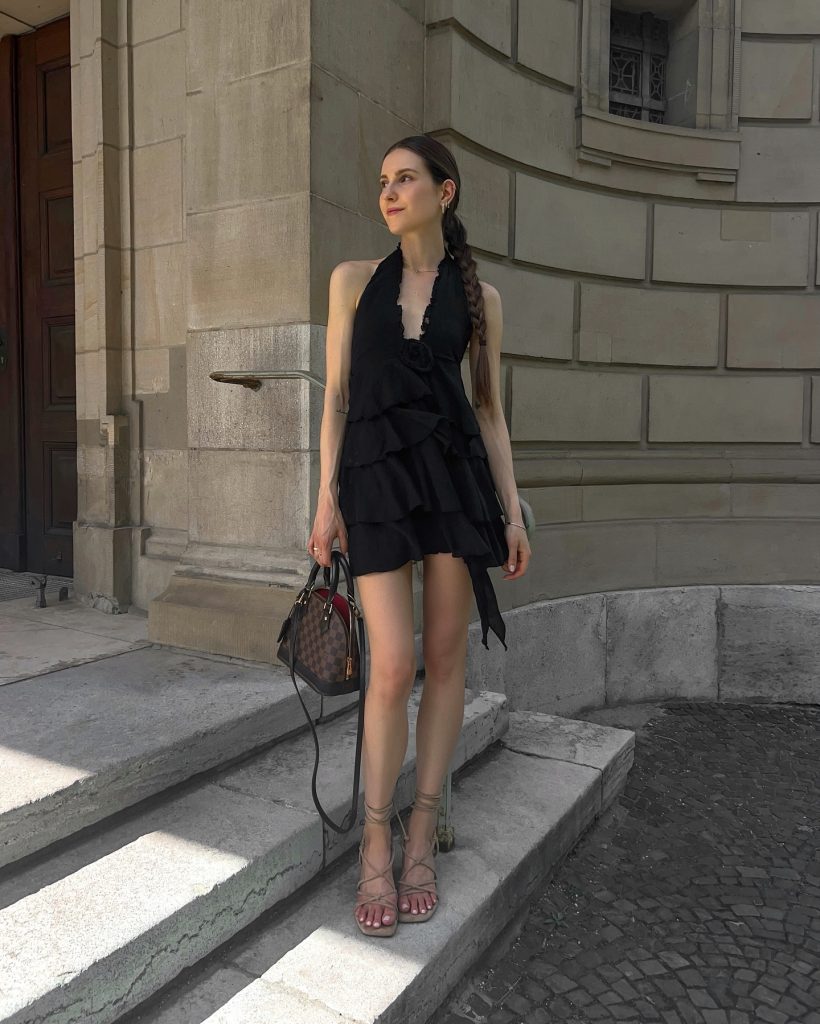 Black Ruffled Halter Dress + Lace-Up Sandals + Checkered Bag