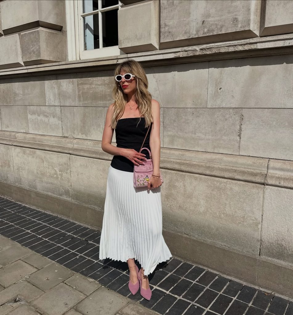 Black Tube Top + White Pleated Skirt + Pink Accessories