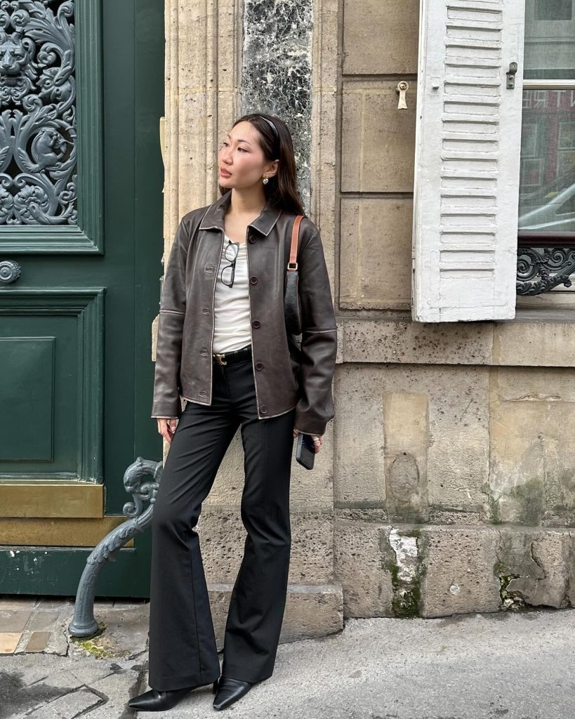 Brown Leather Jacket + White Top + Black Flared Trousers