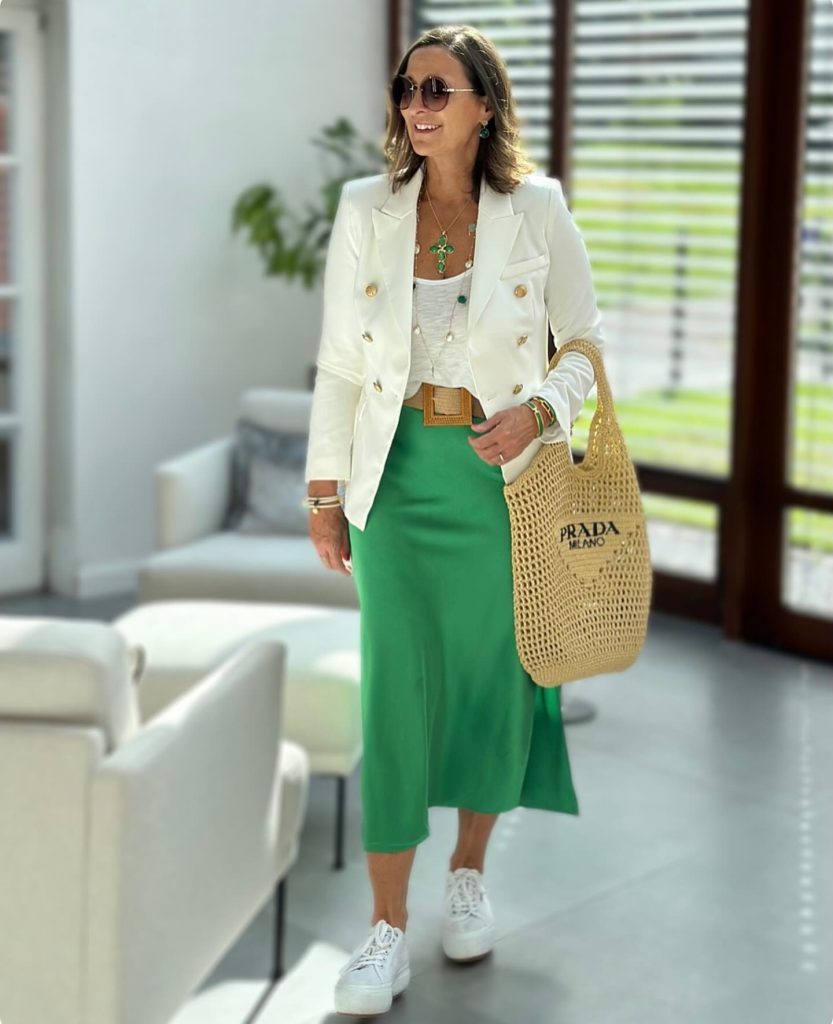 White Double-Breasted Blazer + Green Satin Midi Skirt