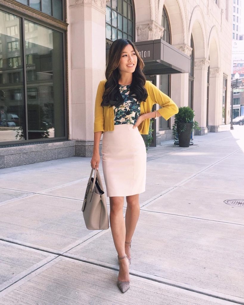 Mustard Yellow Cardigan + Floral Print Top + Blush Pencil Skirt