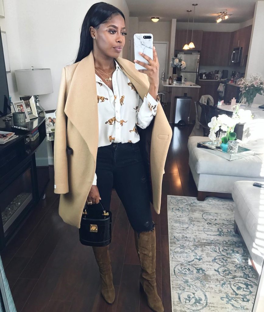  Camel Overcoat + Animal Print Blouse + Black Skinny Jeans