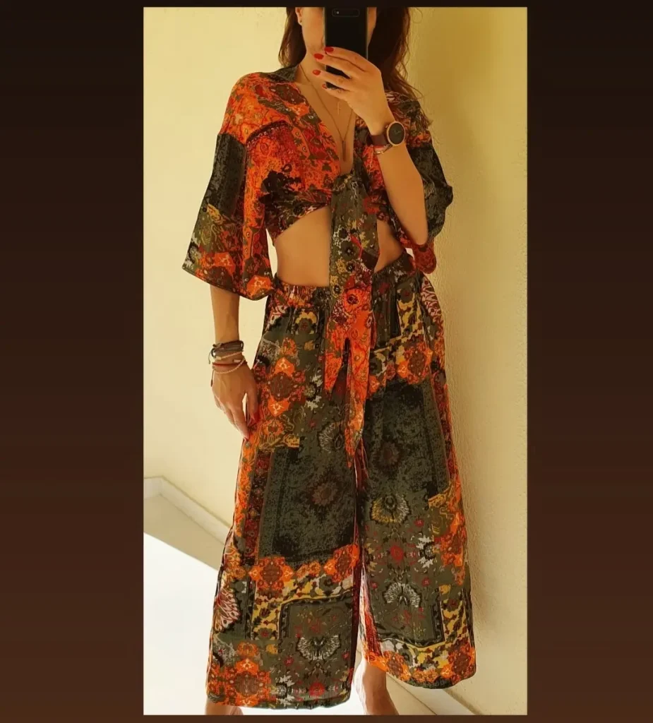 Orange-Green Print Tie-Front Top + Orange-Green Print Palazzo Pants