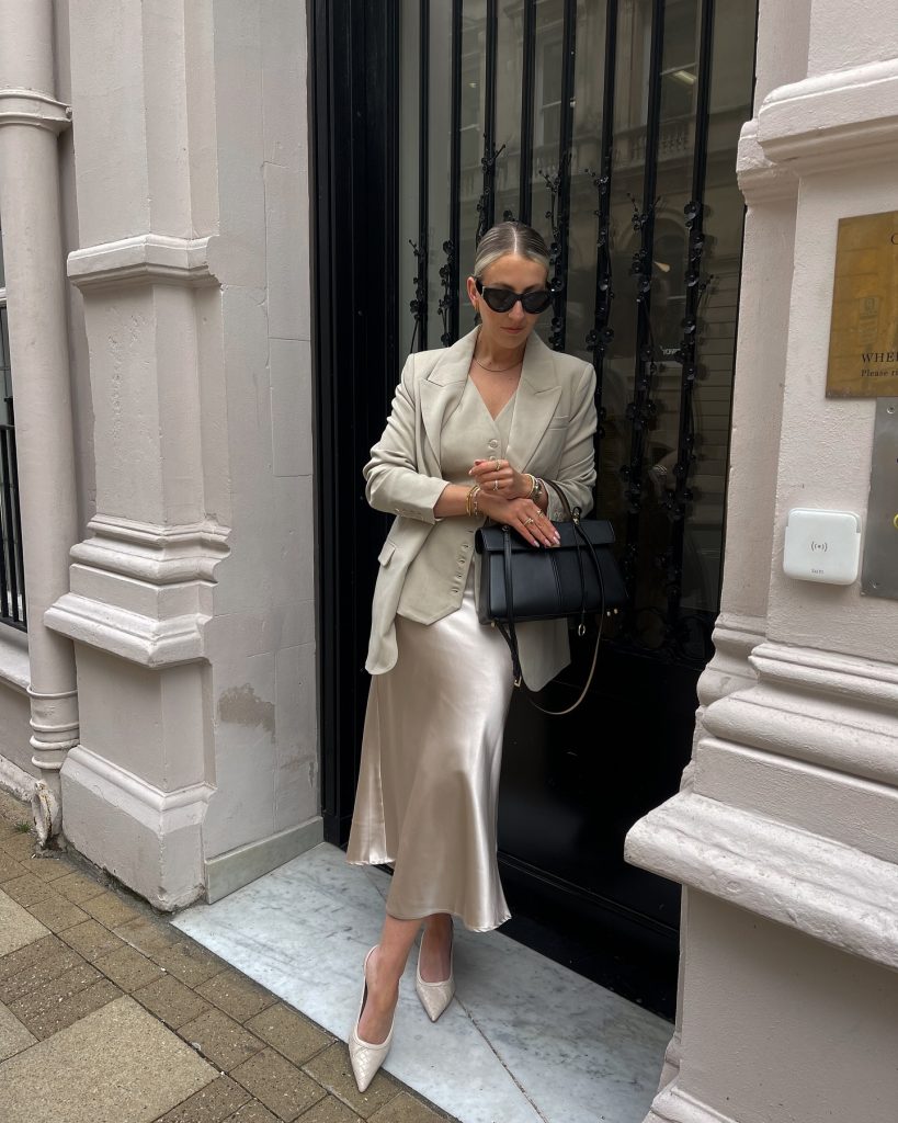 Beige Tailored Blazer + Champagne Satin Slip Skirt