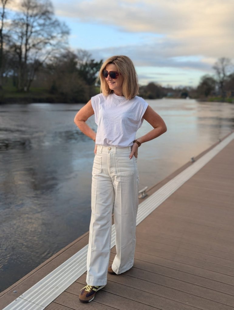 White Sleeveless Muscle Tee + Off-White Wide Leg Trousers