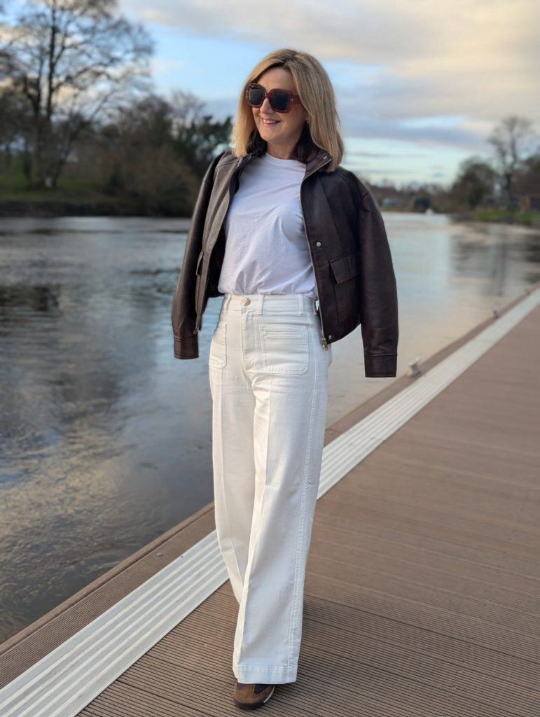 Brown Leather Bomber Jacket + White T-Shirt + Off-White Wide Leg Trousers