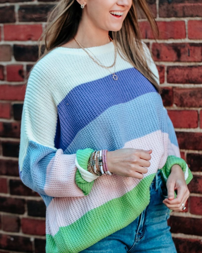 Multicolor Stripe Sweater + Light Blue Distressed Jeans + Layered Necklaces