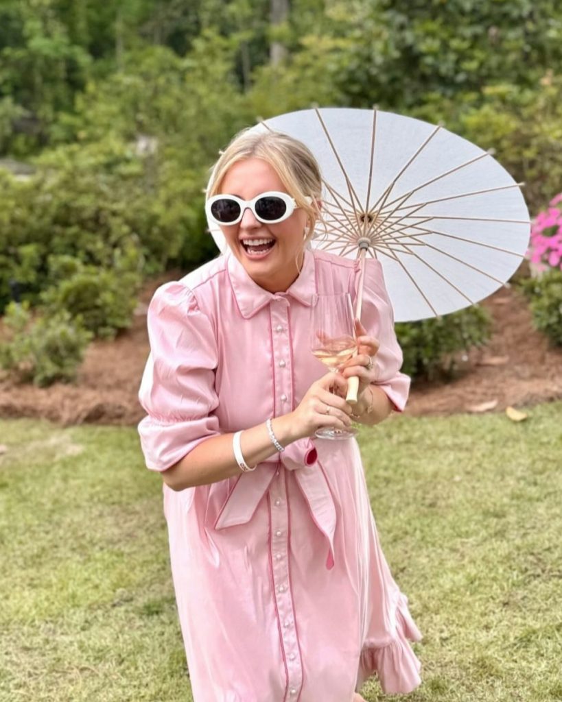 Pastel Pink Shirtdress + Pearl Buttons + White Sunglasses