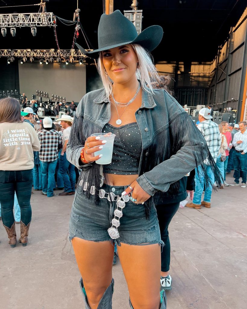 Charcoal Fringe Denim Jacket + Embellished Tube Top + Western Concho Belt