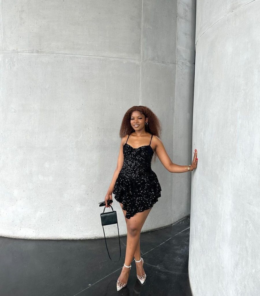 Black Sequined Mini Dress + Black Micro Bag + Embellished Heels
