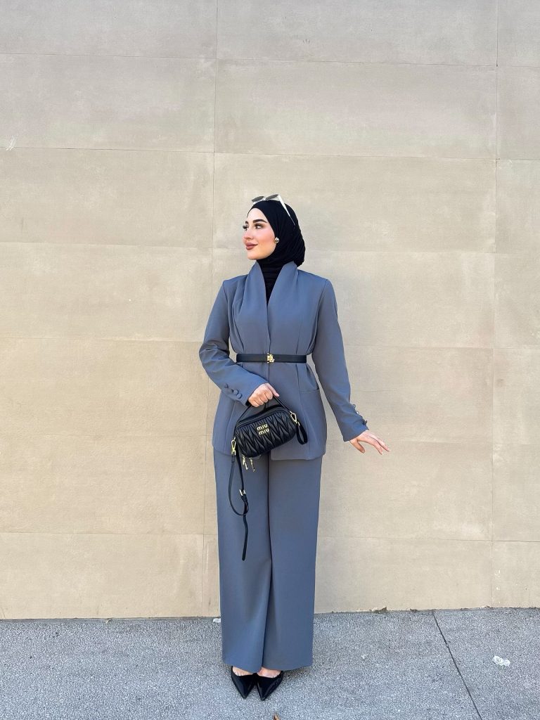 Steel Blue Belted Suit + Turtleneck Top + Pointed Pumps