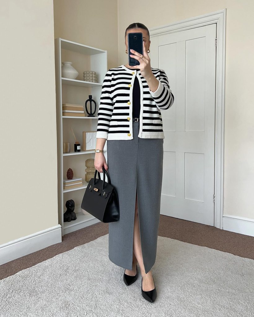 White & Black Striped Cardigan + Black Knit Top + Grey Maxi Skirt