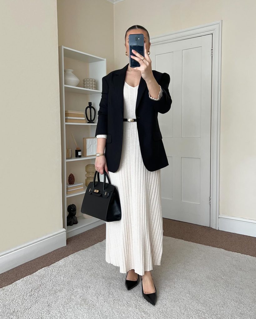 Black Oversized Blazer + Ribbed Knit Maxi Dress + Pointed-Toe Heels